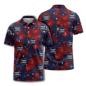 fireworks burst patriotic custom logo navy coral white polo shirt