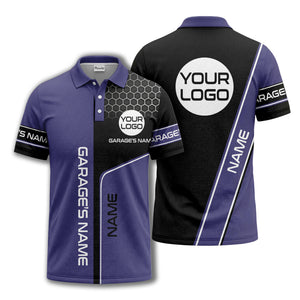 hexagonal grid garage name logo modern automotive polo shirt