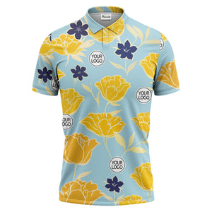 illustrated tropical floral vacation polo shirt splashed with hibiscus leaves