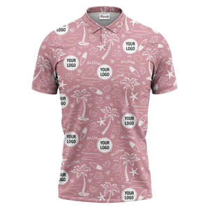 illustrated tropical palm surfboard aloha polo shirt for summer beach vacations