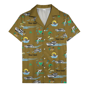 luxury yacht & heart-shaped island cartoon hawaiian shirt