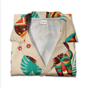 Modern Tiki Hawaiian Shirt with Monstera and Boomerangs on Beige