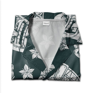 Monochrome Engraving Style Tiki Hawaiian Shirt on Dark Teal