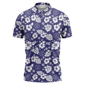 monochrome hawaiian hibiscus flowers & leaves repeat pattern polo shirt