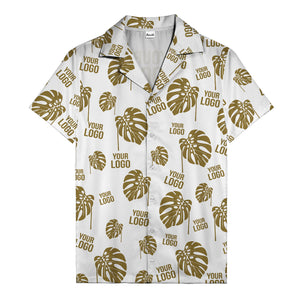 monstera leaves & custom logo repeat black white hawaiian shirt