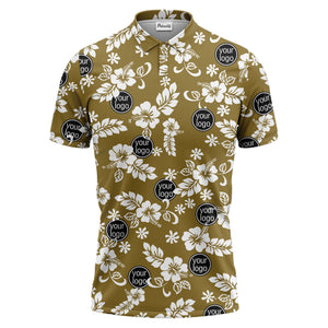 navy blue watercolor hibiscus & custom logo repeat pattern polo shirt