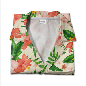 Pale Cream Bell Flower Hibiscus Hawaiian Shirt with Banana and Palm Fronds