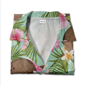 Pale Pink Coconut Cherry Hawaiian Shirt with Banana Leaves and Hibiscus
