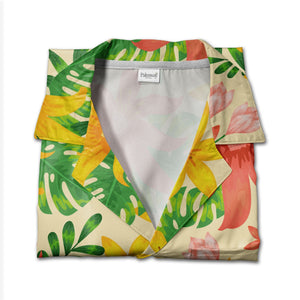 Pale Yellow Pink Hibiscus Hawaiian Shirt with Plumeria and Banana Leaves
