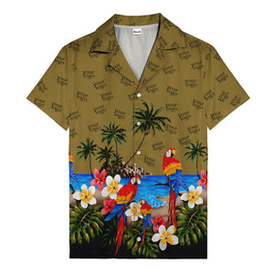 parrot paradise palm trees plumeria beach scene hawaiian shirt