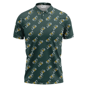 repeating gold logo hawaiian polo shirt with custom text overlay