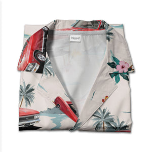 Retro Classic Car Hawaiian Shirt with Mountain Sunset Scene