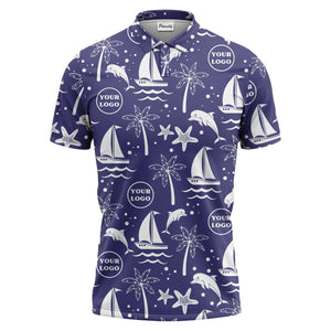sailboats dolphins palm trees starfish repeat pattern black white polo shirt