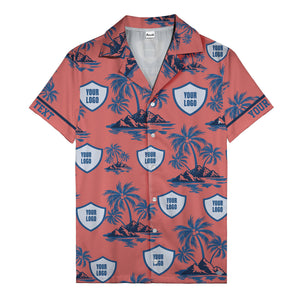 shield logo palm tree island scene navy blue hawaiian shirt for men