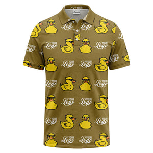 sunglasses rubber duck repeat pattern black yellow fun cartoon golf polo shirt