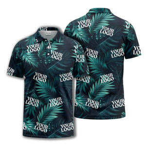 teal palm leaves & custom logo repeat pattern polo shirt