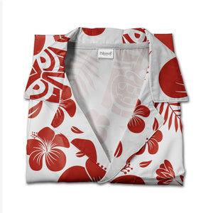 Terracotta Tiki Mask Hawaiian Shirt with Palm Fronds on White