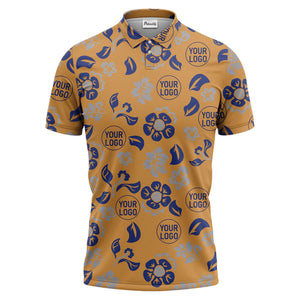 tropical blue floral logo repeating leaves polo shirt for men