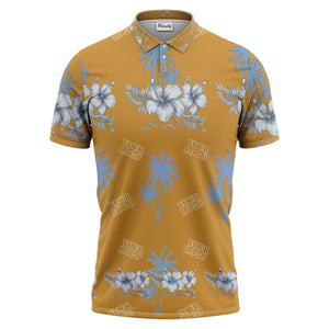 tropical hibiscus palm frond custom multi color illustrated vacation golf polo shirt for men