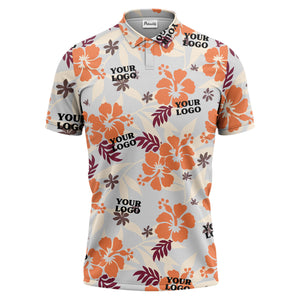 tropical illustrated floral paradise polo shirt bursting with hibiscus and palm leaves