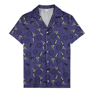 vintage hula dancers palm trees circular logo black hawaiian shirt for men