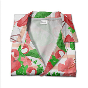 Watercolor Flamingo and Hibiscus Hawaiian Shirt Pink Stripes