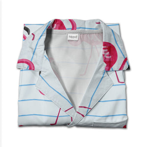 Watercolor Flamingo Hawaiian Shirt on Pale Blue Chevron Stripes