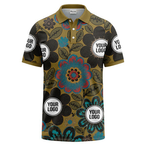 watercolor floral burst and olive leaves polo shirt for men