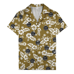 watercolor hibiscus blooms & custom logo navy blue hawaiian shirt