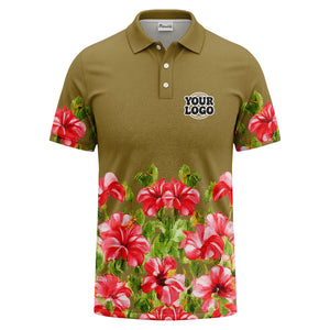 watercolor hibiscus & emerald leaf tropical polo shirt for men
