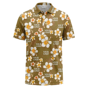 watercolor hibiscus & plumeria black aloha polo shirt for men