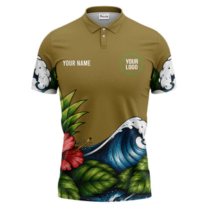 watercolor ocean wave palm leaf hibiscus floral navy blue polo shirt for men