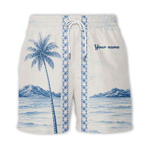 watercolor palm trees mountain waves navy blue hawaiian shirt