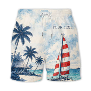 watercolor sailboats & palm trees beach scene navy hawaiian shirt for men