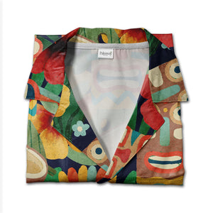 Watercolor Tiki Mask Hawaiian Shirt with Coconuts on Navy Blue