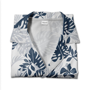 White Calm Elegant Monstera Hawaiian Shirt with Navy Blue Hibiscus Silhouettes