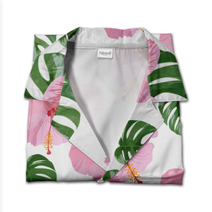 White Elegant Pink Rose Hibiscus Hawaiian Shirt with Fresh Monstera Leaves