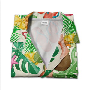 White Retro Doodle Palm Tree Hawaiian Shirt with Pineapple Geometric Pattern