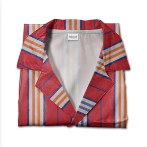 Woven Fabric Texture Stripe Hawaiian Shirt Red White Blue Orange