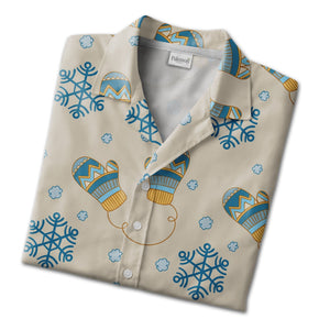 Beige Cozy Mittens Hawaiian Shirt with Teal Snowflake Strings