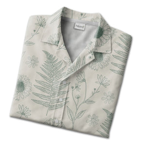 Botanical Line Art Fern and Wildflower Hawaiian Shirt in Sage Green