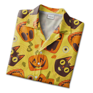 Cartoon Halloween Hawaiian Shirt with Jack-o-Lanterns and Black Cats