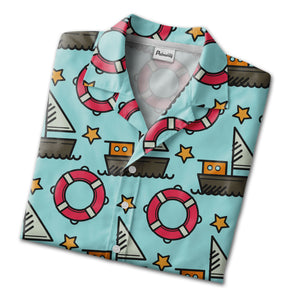 Cartoon Sailboat & Lifebuoy Hawaiian Shirt – Nautical Ocean Wave Pattern
