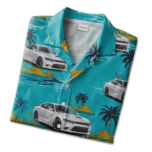 Classic Muscle Car Hawaiian Shirt with Palm Trees and Island Scene