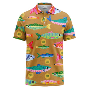 colorful cartoon fish & custom logo repeat all-over print polo shirt