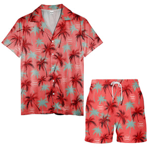 coral red watercolor palm trees & custom logos hawaiian shirt