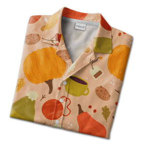 Cozy Autumn Hawaiian Shirt with Knit Beanie Hats Hot Cocoa and Yarn Balls