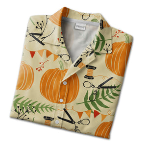 Crafty Autumn Pumpkin Hawaiian Shirt with Scissors and Thread