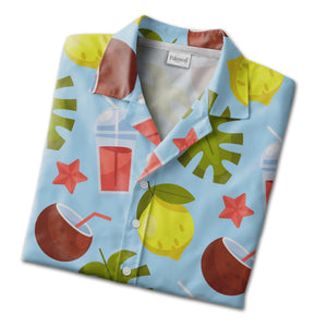 Cream Coconut Cocktail Hawaiian Shirt with Monstera Melon and Conch Shells