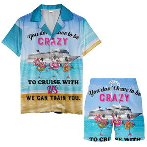 cruise ship & flamingo beach scene cartoon hawaiian shirt